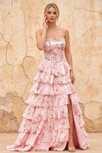 Joyce Pink Floral Print Rhinestone Maxi Dress