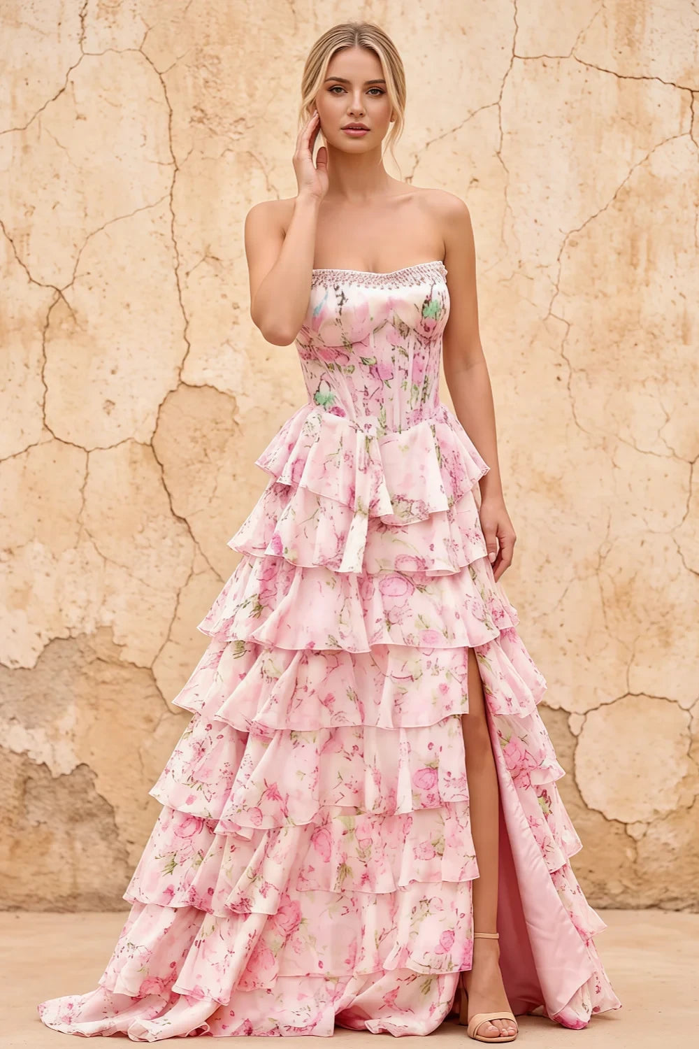 Joyce Pink Floral Print Rhinestone Maxi Dress
