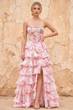 Joyce Pink Floral Print Rhinestone Maxi Dress