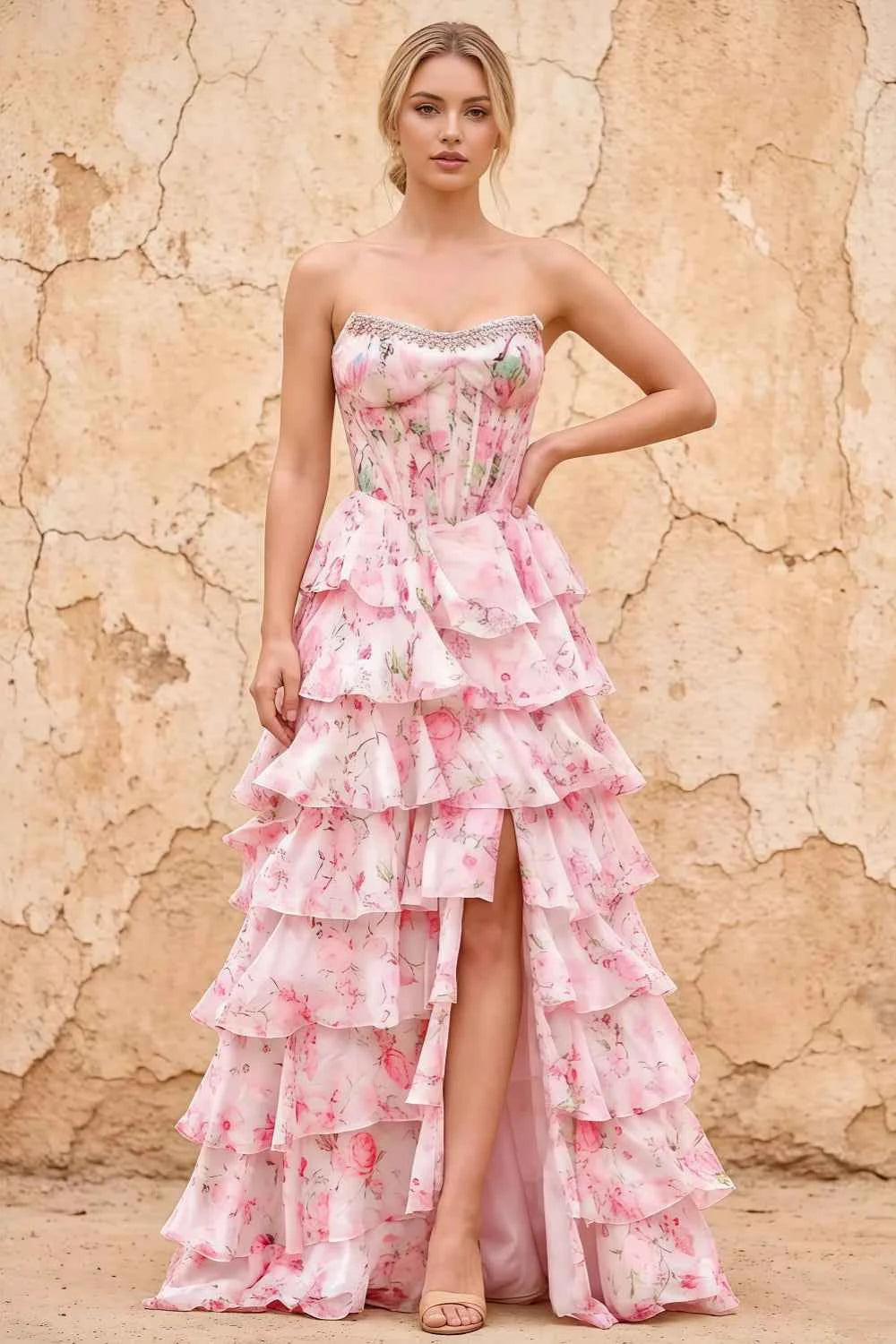 Joyce Pink Floral Print Rhinestone Maxi Dress