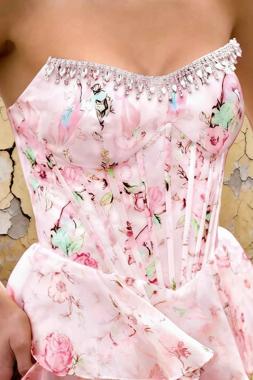 Joyce Pink Floral Print Rhinestone Maxi Dress