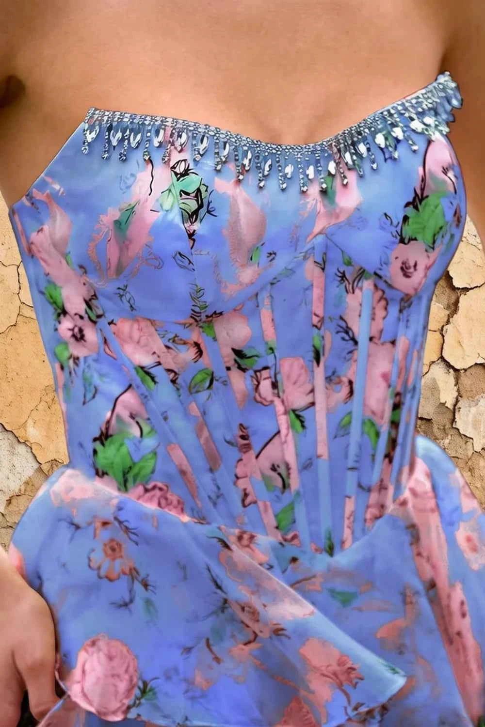 Joyce Purple Floral Print Rhinestone Maxi Dress