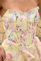 Joyce Yellow Floral Print Rhinestone Maxi Dress