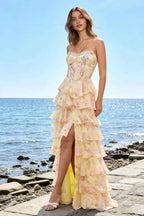 Joyce Yellow Floral Print Rhinestone Maxi Dress