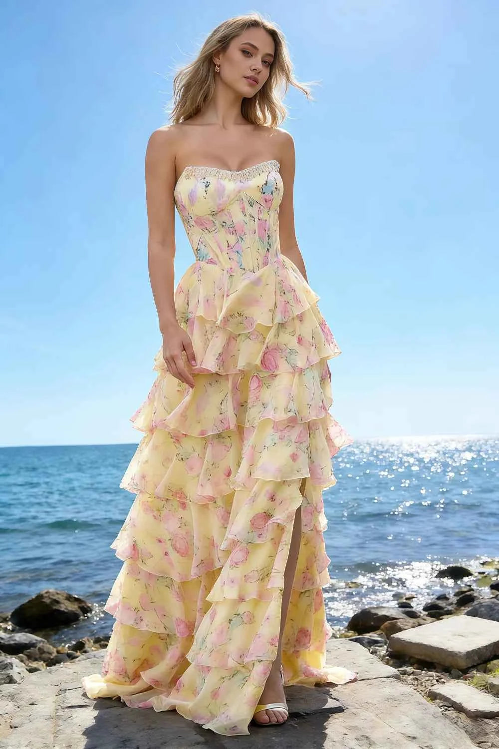 Joyce Yellow Floral Print Rhinestone Maxi Dress