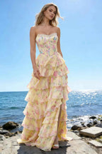 Joyce Yellow Floral Print Rhinestone Maxi Dress