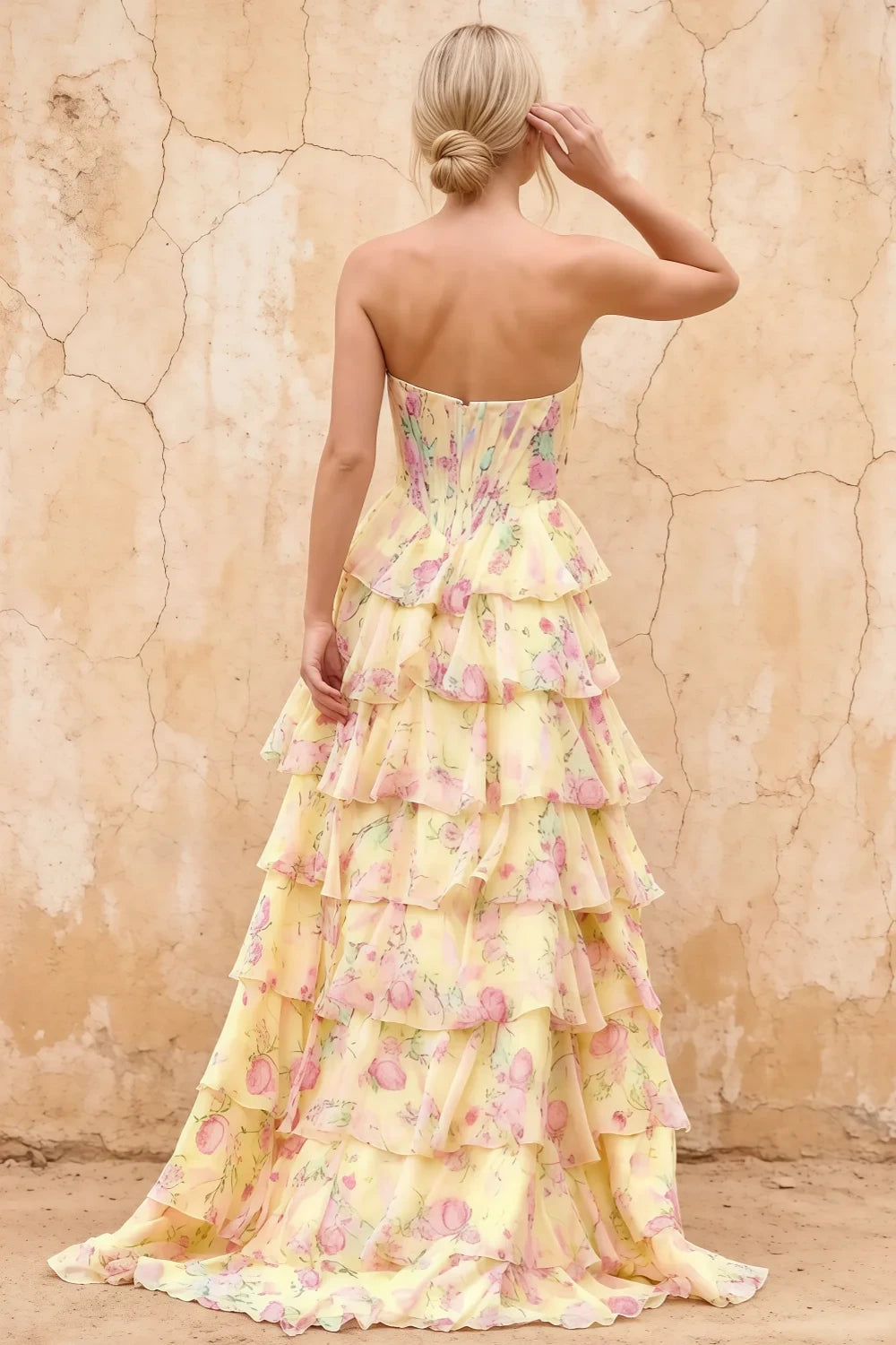 Joyce Yellow Floral Print Rhinestone Maxi Dress