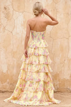 Joyce Yellow Floral Print Rhinestone Maxi Dress