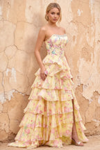 Joyce Yellow Floral Print Rhinestone Maxi Dress