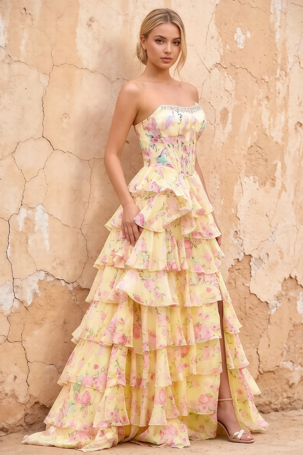 Joyce Yellow Floral Print Rhinestone Maxi Dress