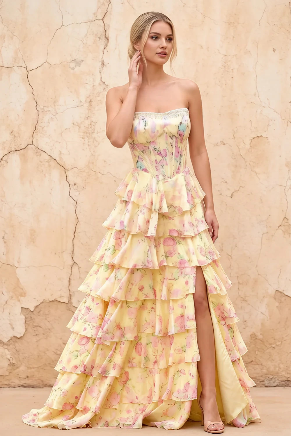 Joyce Yellow Floral Print Rhinestone Maxi Dress