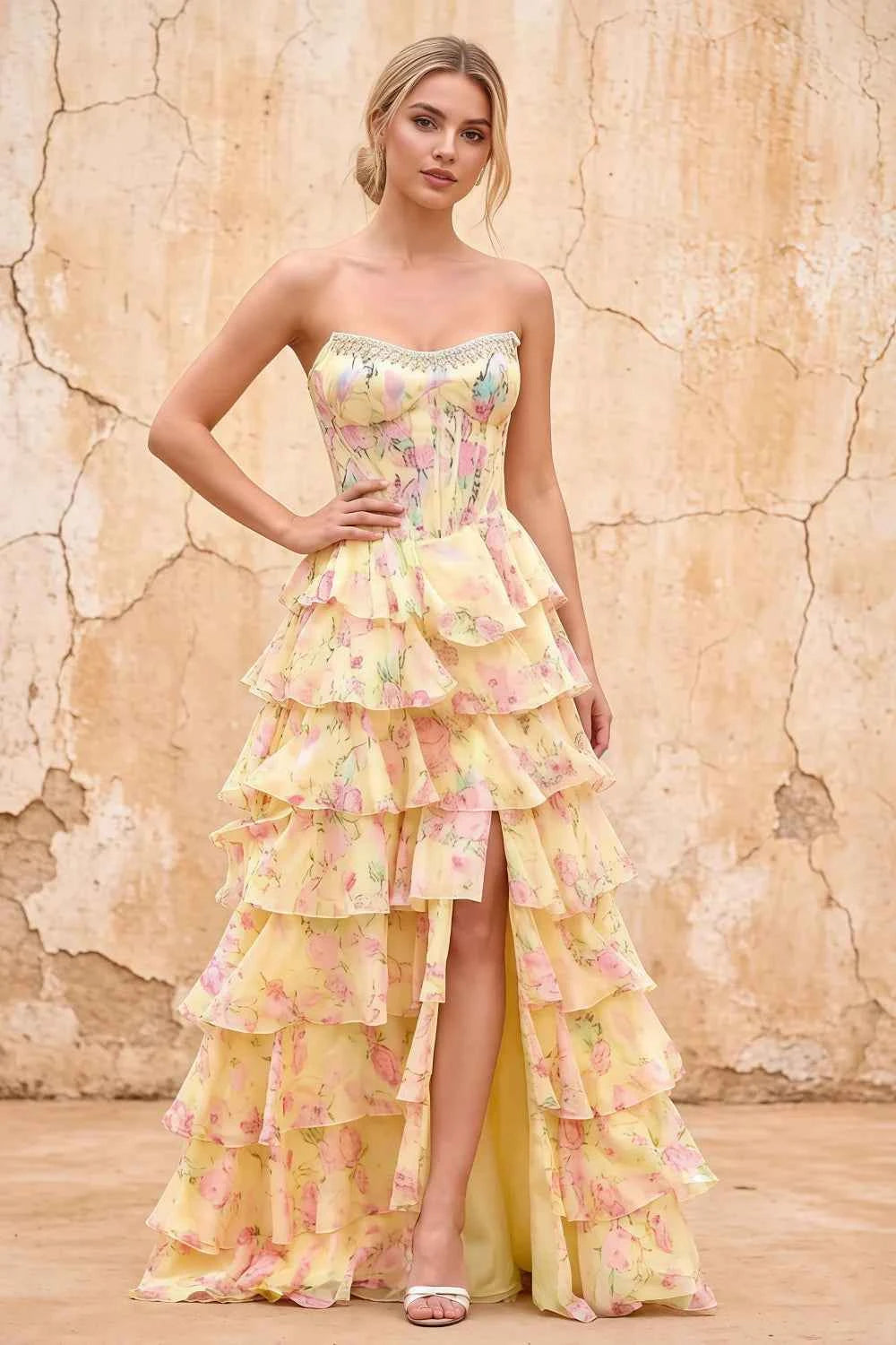 Joyce Yellow Floral Print Rhinestone Maxi Dress