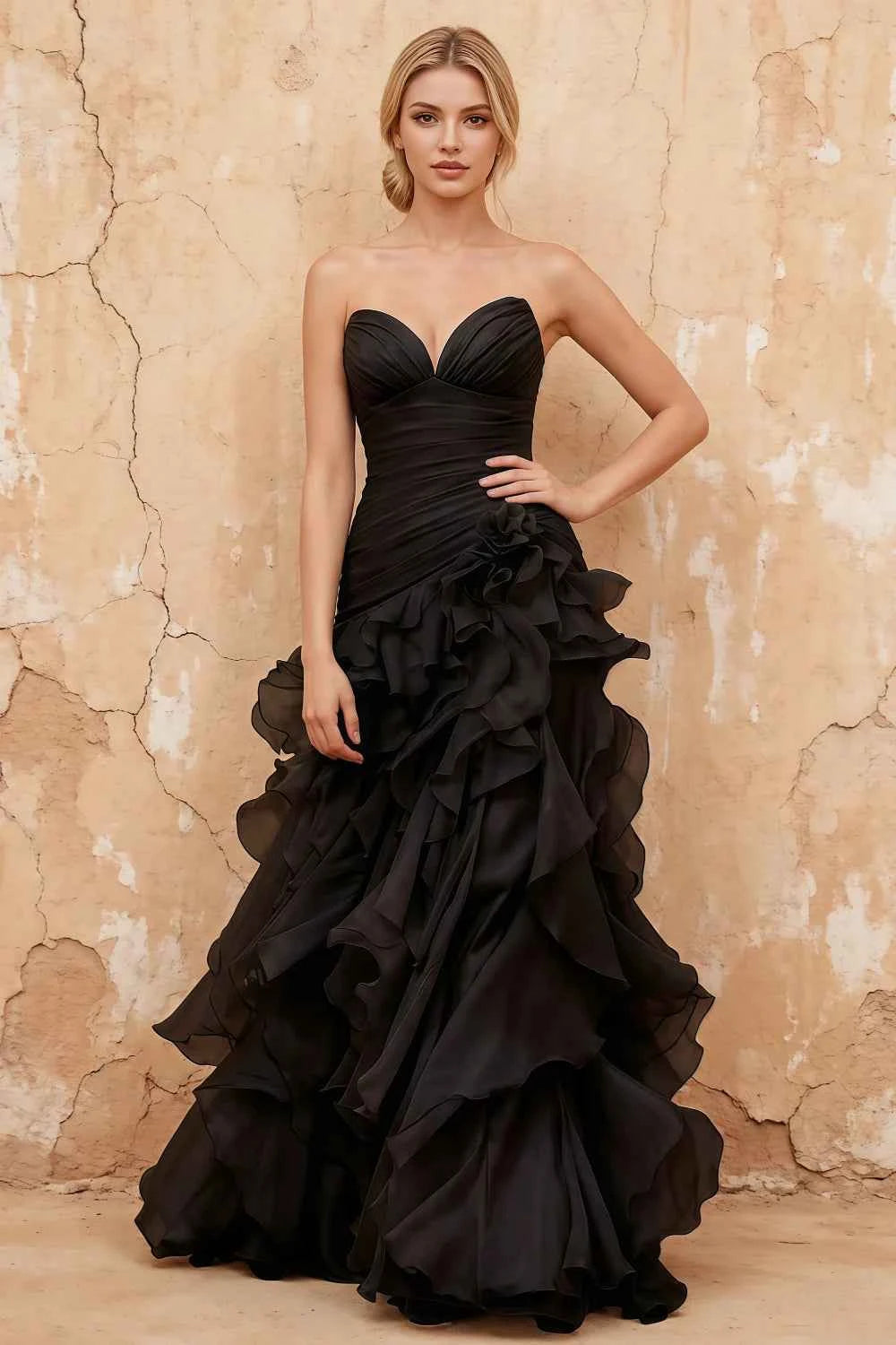 Judith Black Sheer Mermaid Ruffle Maxi Dress