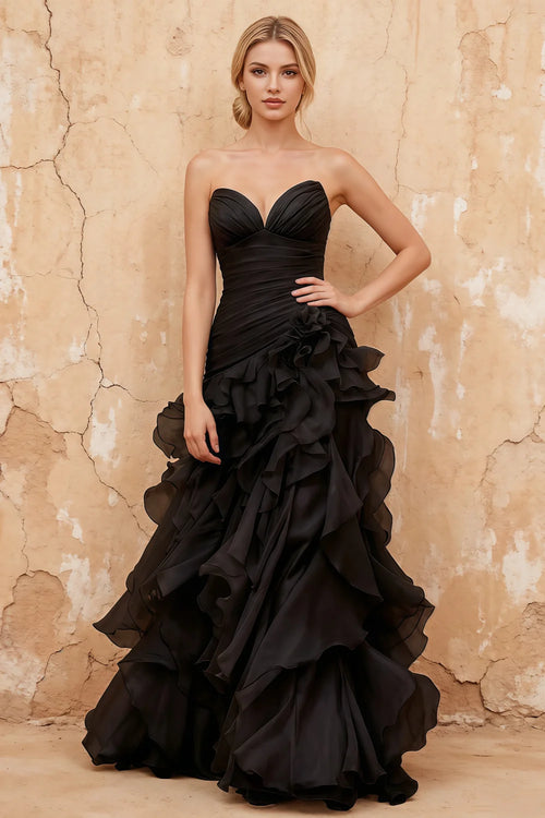 Judith Black Sheer Mermaid Ruffle Maxi Dress