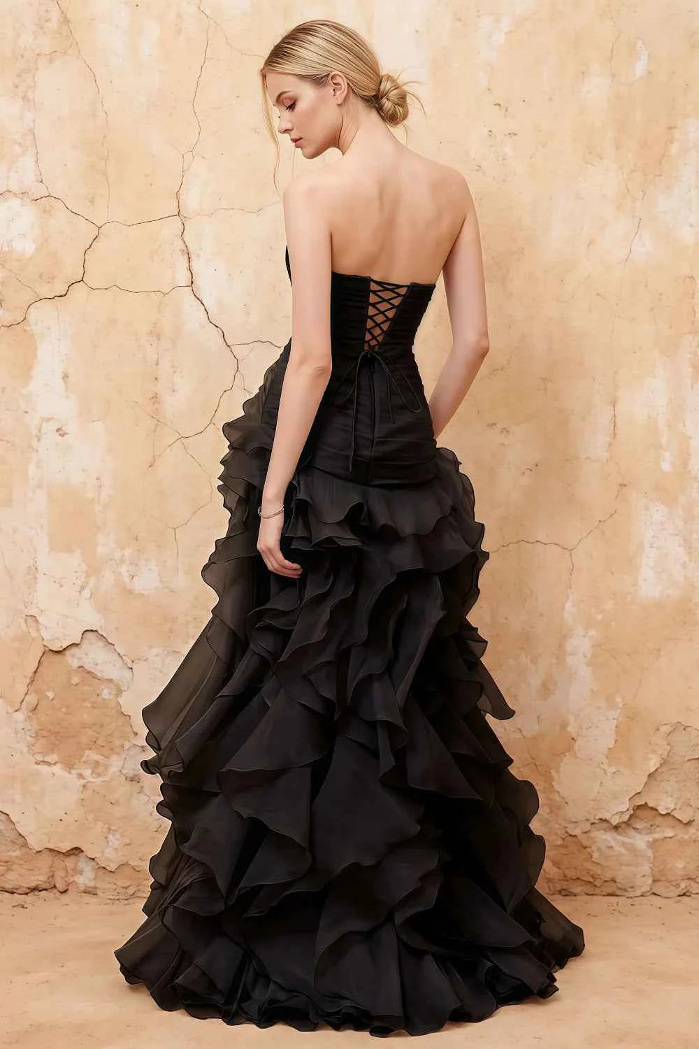 Judith Black Sheer Mermaid Ruffle Maxi Dress