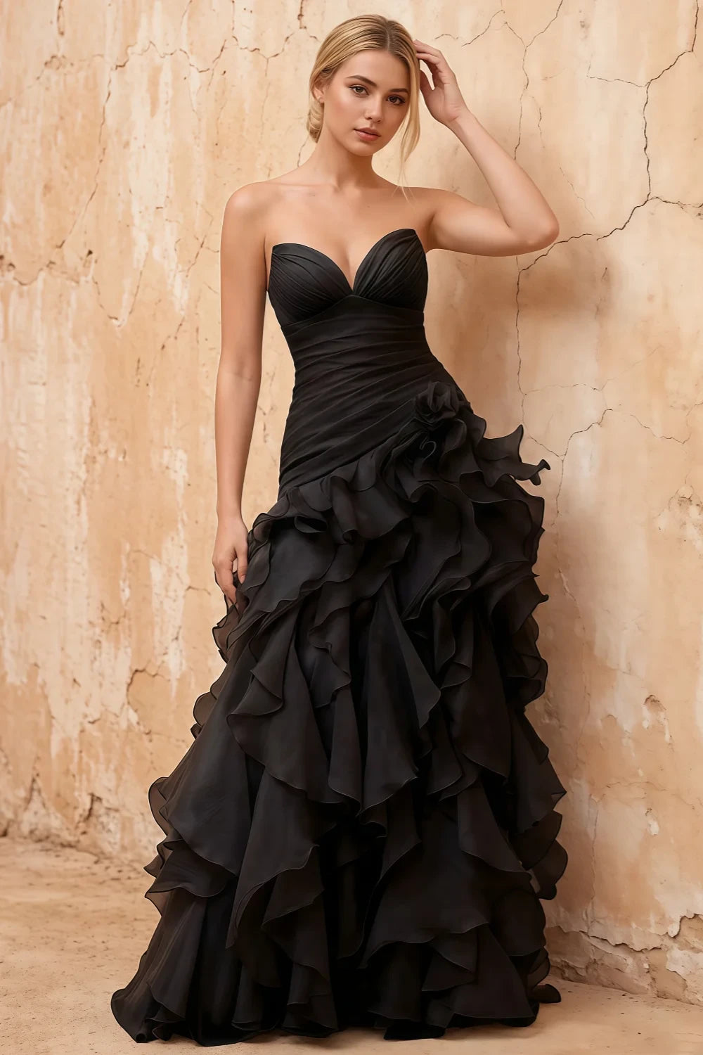 Judith Black Sheer Mermaid Ruffle Maxi Dress
