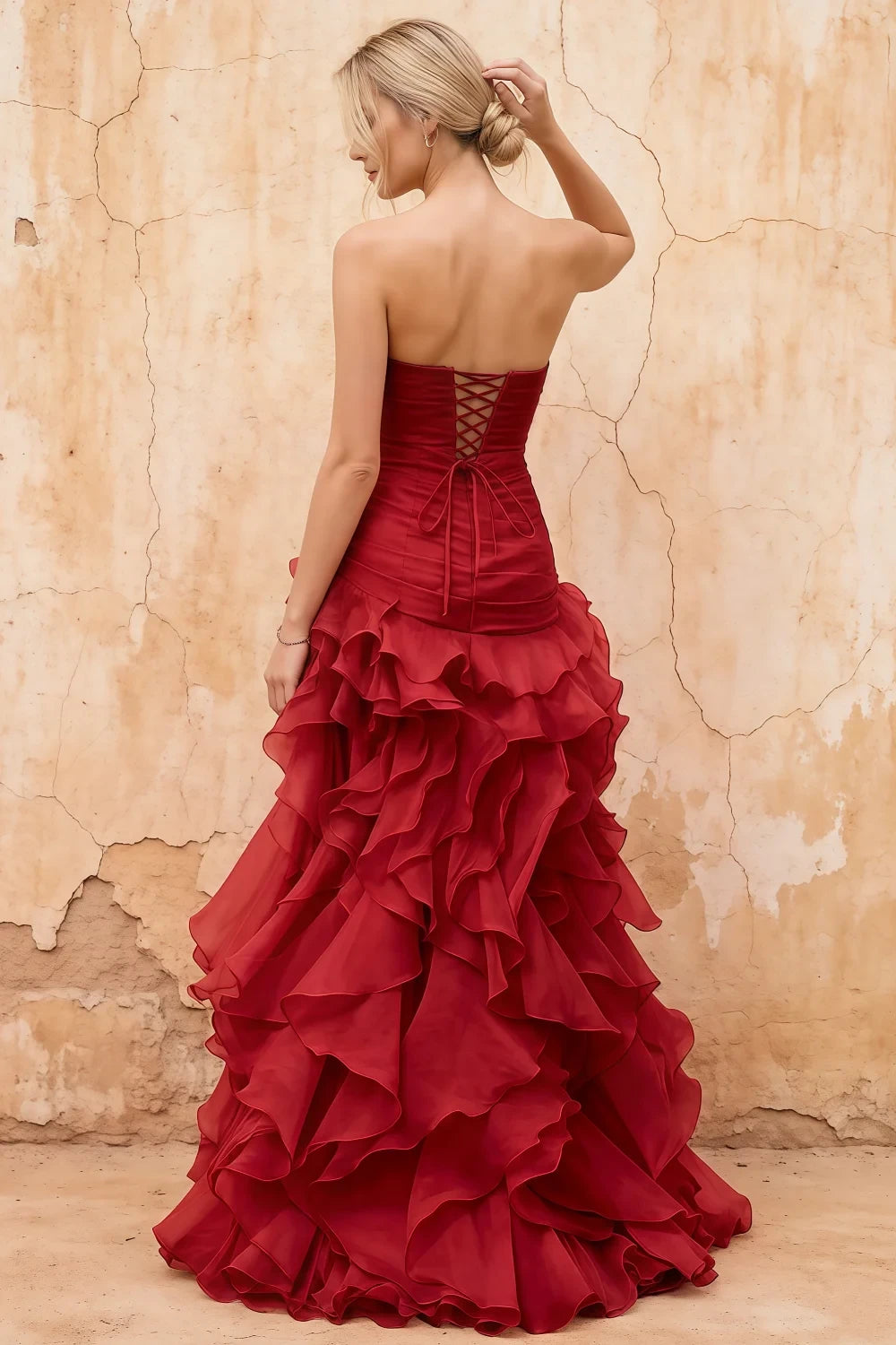 Judith Burgundy Sheer Mermaid Ruffle Maxi Dress