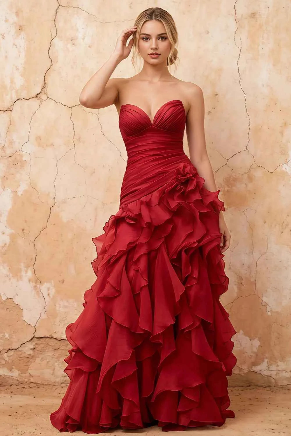 Judith Burgundy Sheer Mermaid Ruffle Maxi Dress