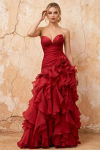 Judith Burgundy Sheer Mermaid Ruffle Maxi Dress