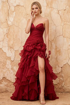 Judith Burgundy Sheer Mermaid Ruffle Maxi Dress