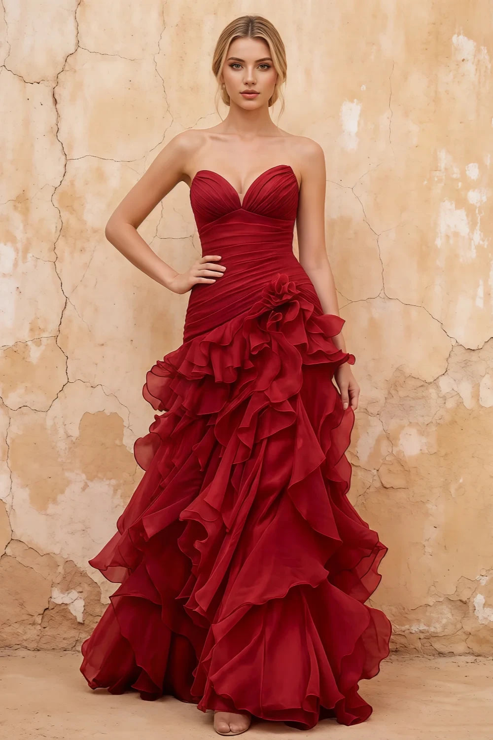 Judith Burgundy Sheer Mermaid Ruffle Maxi Dress