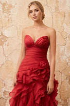 Judith Burgundy Sheer Mermaid Ruffle Maxi Dress
