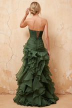 Judith Dark Green Sheer Mermaid Ruffle Maxi Dress