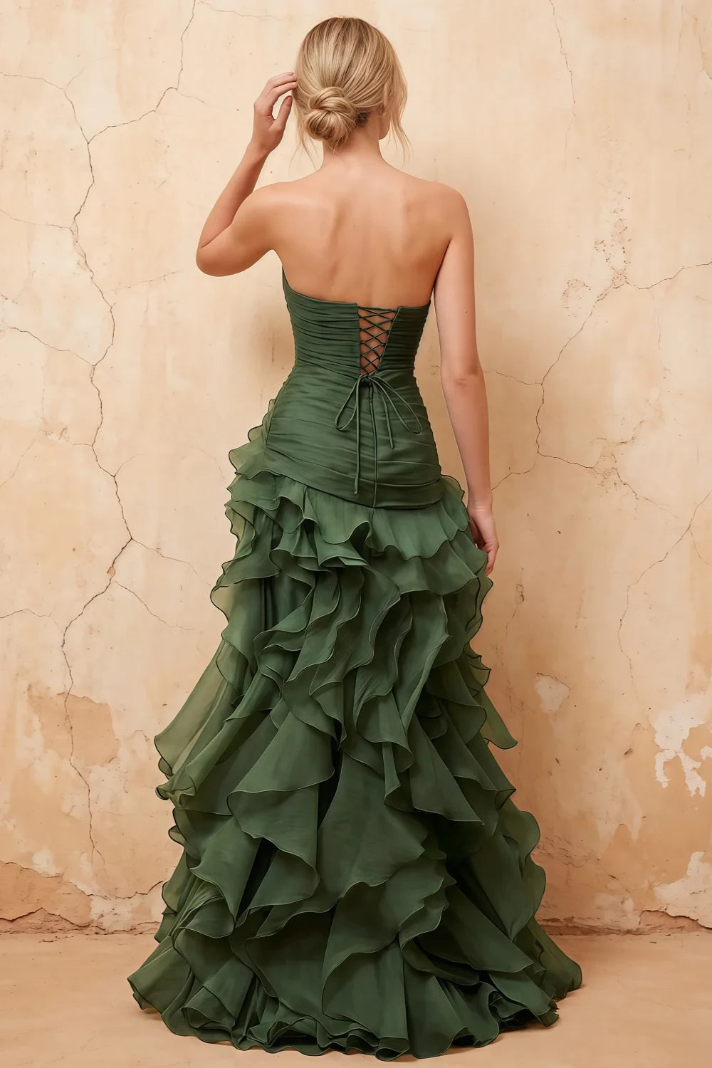 Judith Dark Green Sheer Mermaid Ruffle Maxi Dress