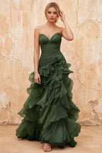 Judith Dark Green Sheer Mermaid Ruffle Maxi Dress