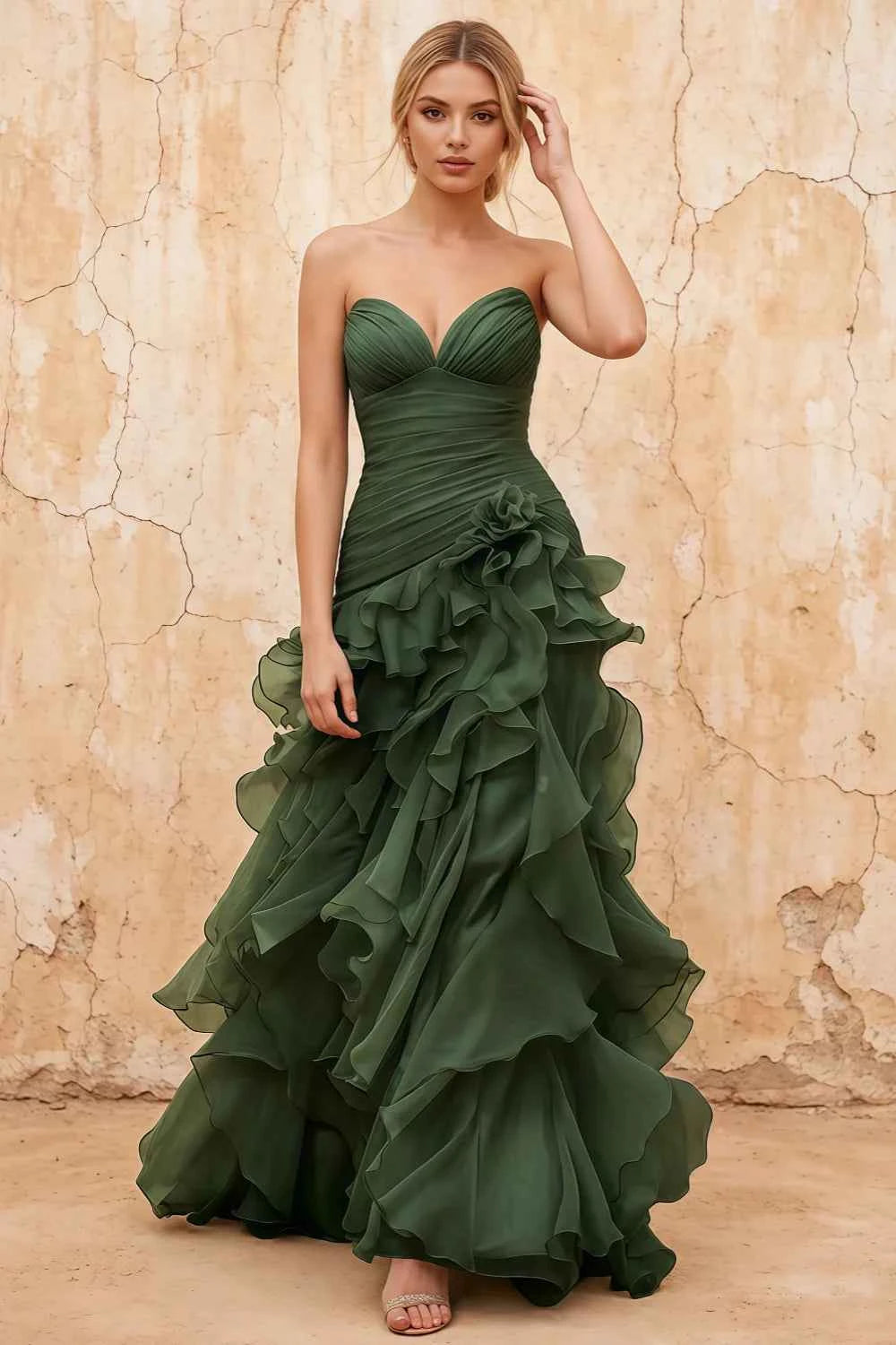 Judith Dark Green Sheer Mermaid Ruffle Maxi Dress