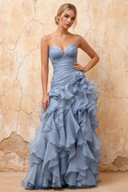 Judith Dusty Blue Sheer Mermaid Ruffle Maxi Dress