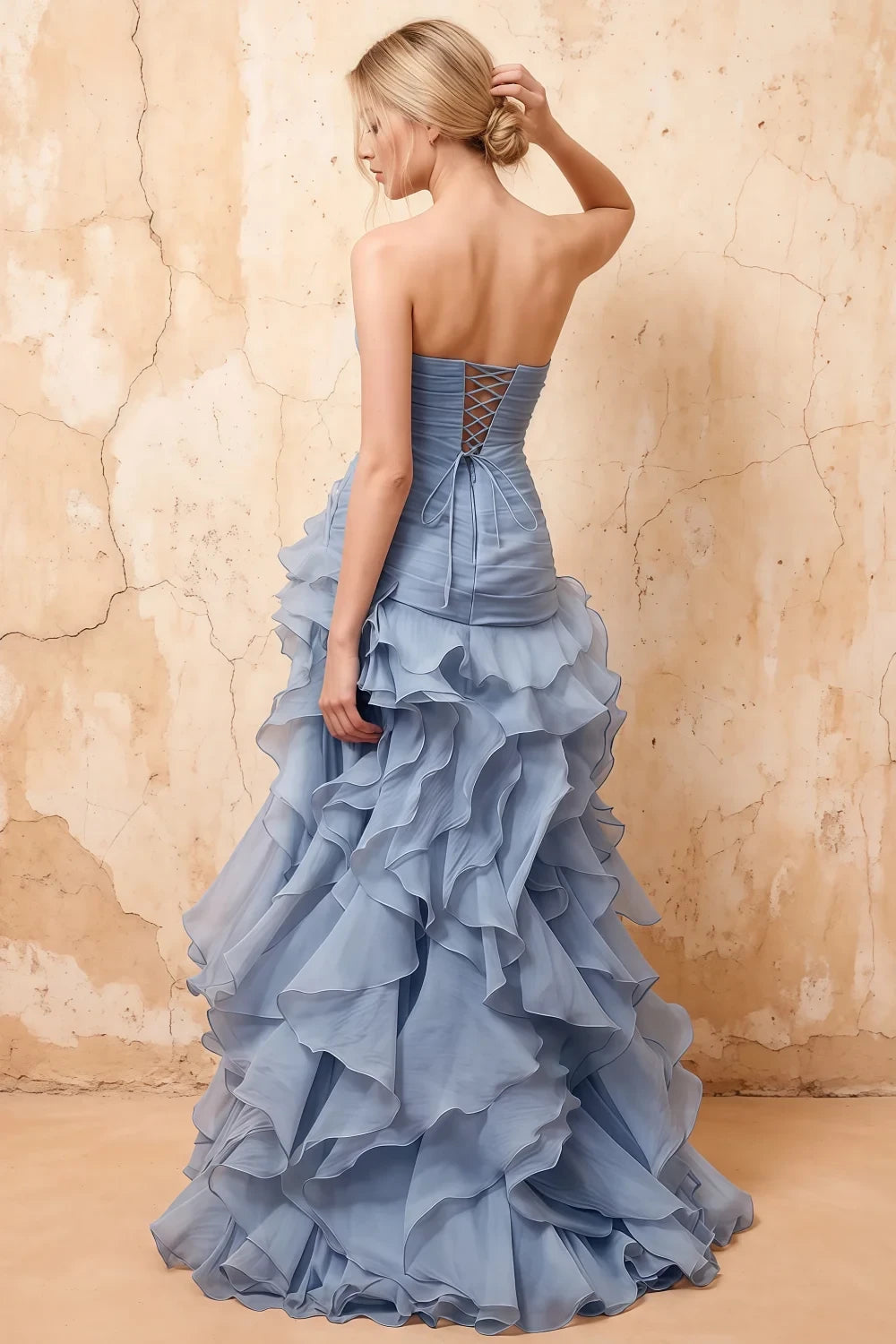 Judith Dusty Blue Sheer Mermaid Ruffle Maxi Dress