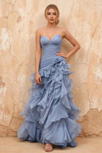 Judith Dusty Blue Sheer Mermaid Ruffle Maxi Dress