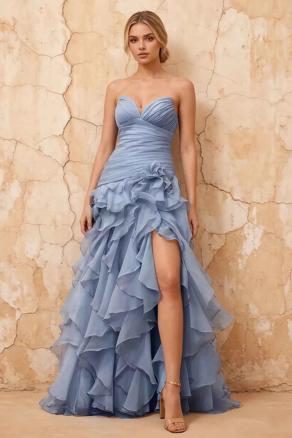 Judith Dusty Blue Sheer Mermaid Ruffle Maxi Dress