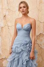 Judith Dusty Blue Sheer Mermaid Ruffle Maxi Dress