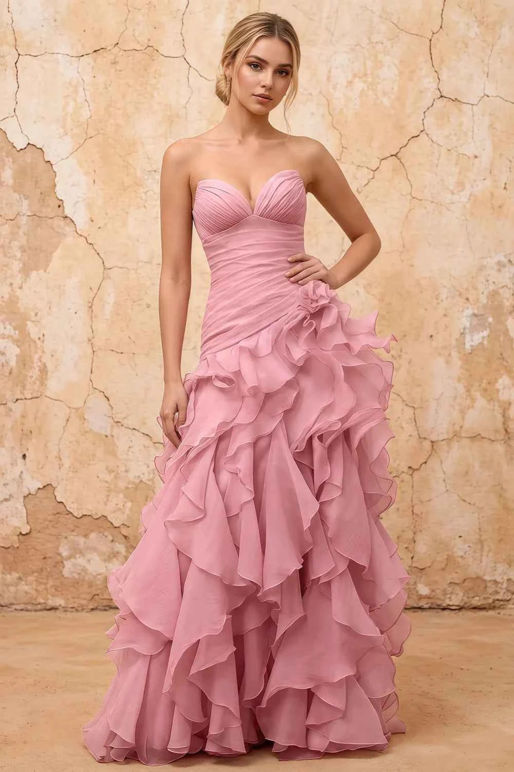 Judith Dusty Pink Sheer Mermaid Ruffle Maxi Dress