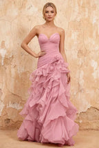 Judith Dusty Pink Sheer Mermaid Ruffle Maxi Dress