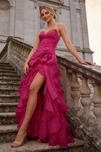 Judith Fuchsia Sheer Mermaid Ruffle Maxi Dress