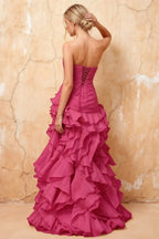 Judith Fuchsia Sheer Mermaid Ruffle Maxi Dress