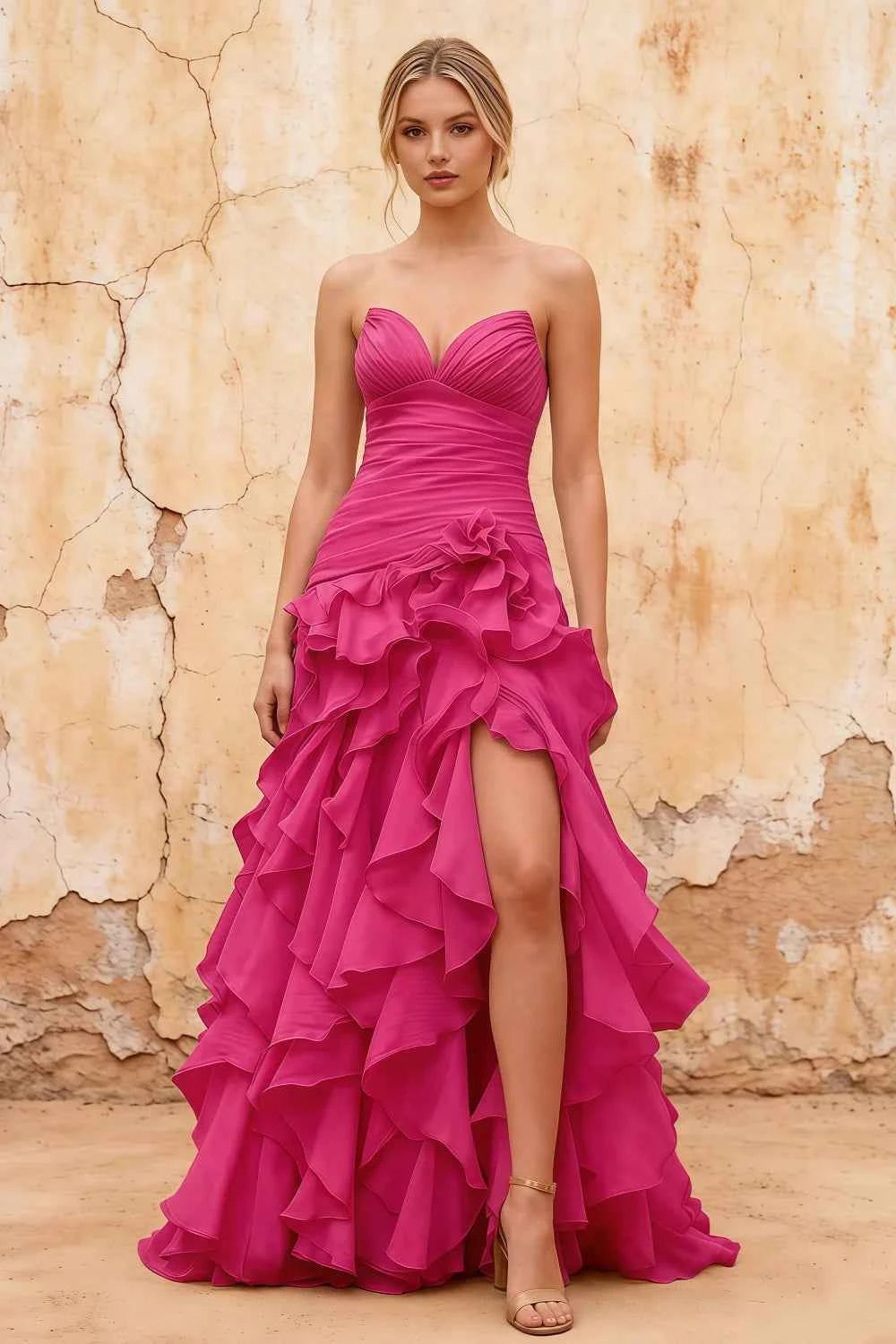 Judith Fuchsia Sheer Mermaid Ruffle Maxi Dress
