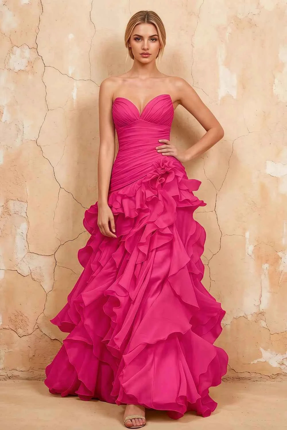 Judith Fuchsia Sheer Mermaid Ruffle Maxi Dress