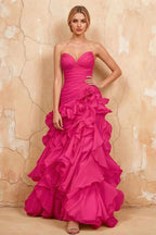 Judith Fuchsia Sheer Mermaid Ruffle Maxi Dress