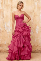 Judith Fuchsia Sheer Mermaid Ruffle Maxi Dress