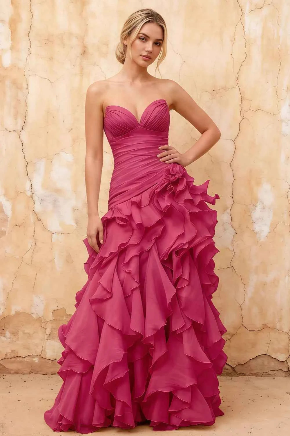 Judith Fuchsia Sheer Mermaid Ruffle Maxi Dress