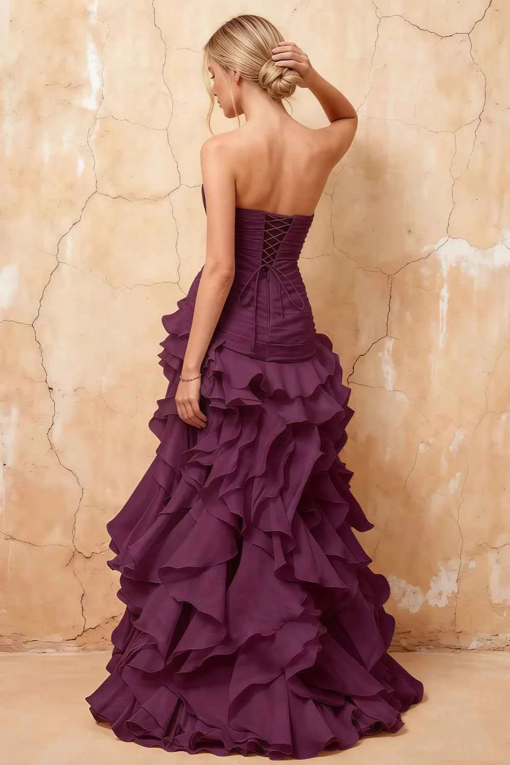 Judith Grape Sheer Mermaid Ruffle Maxi Dress