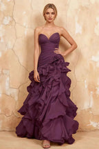 Judith Grape Sheer Mermaid Ruffle Maxi Dress