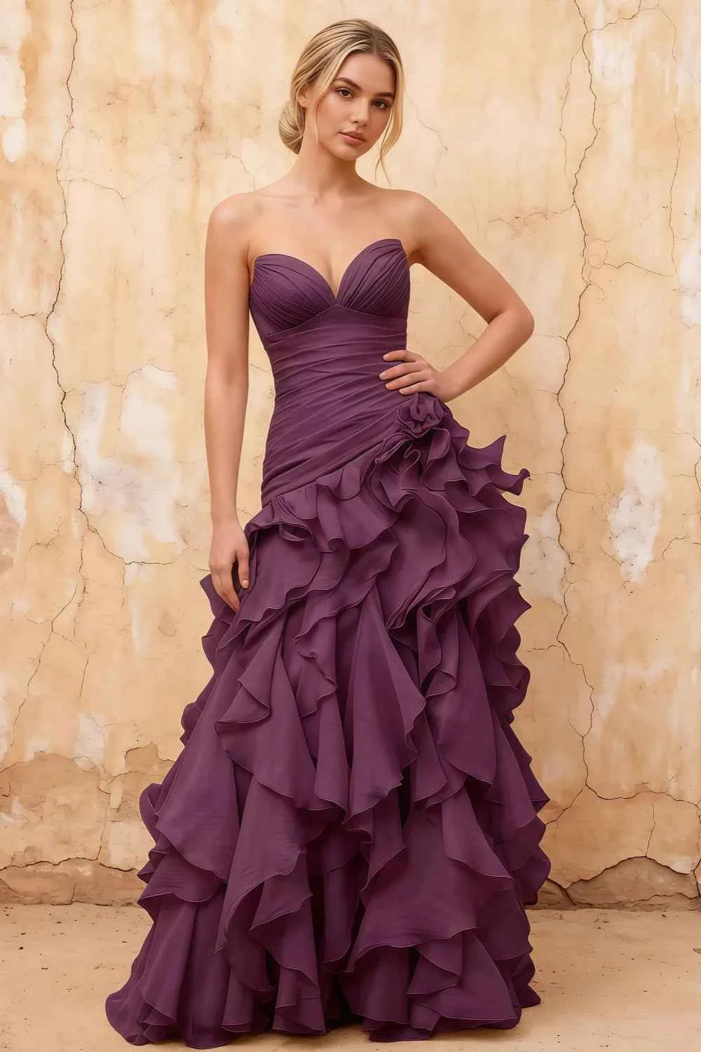 Judith Grape Sheer Mermaid Ruffle Maxi Dress