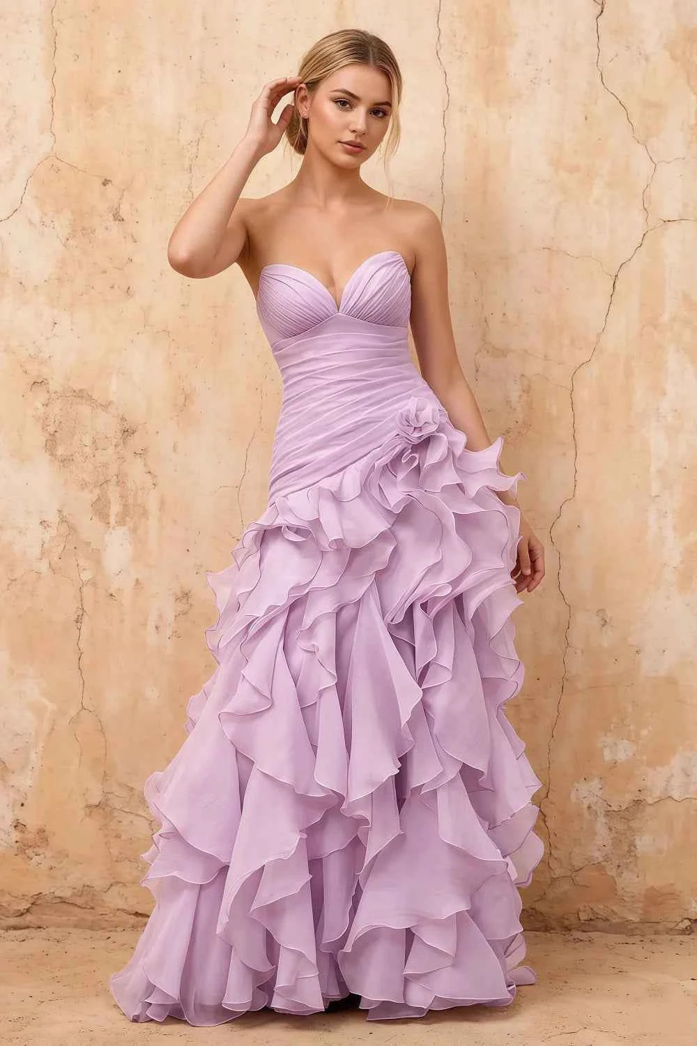 Judith Lilac Sheer Mermaid Ruffle Maxi Dress