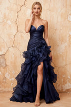 Judith Navy Blue Sheer Mermaid Ruffle Maxi Dress