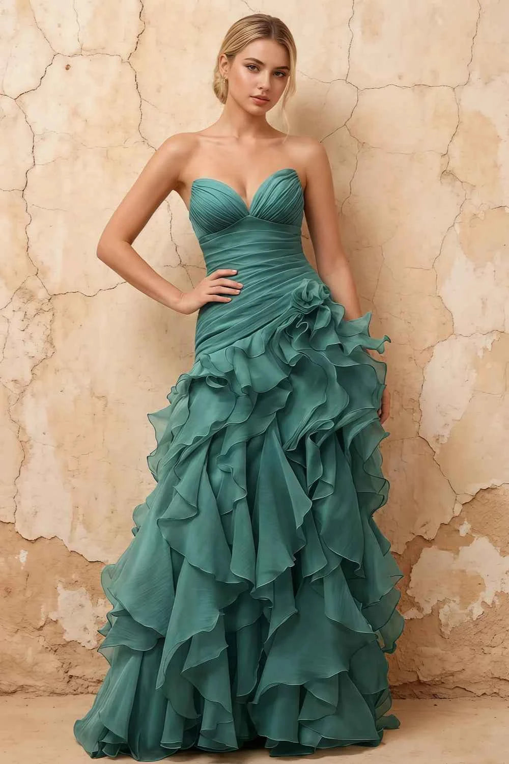 Judith Peacock Sheer Mermaid Ruffle Maxi Dress